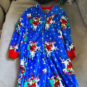Santa on unicorn footie pj's with bottom flap